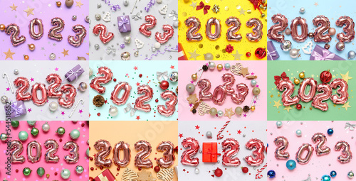 Collage with figures 2023 made of balloons on colorful background. New Year celebration