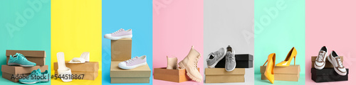 Set of cardboard boxes with stylish new shoes on color background