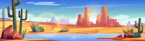Desert landscape with water in oasis. Cartoon vector illustration of blue river flowing across endless sandy valley with rocks and cacti under blazing sun shining in blue sky. Adventure game
