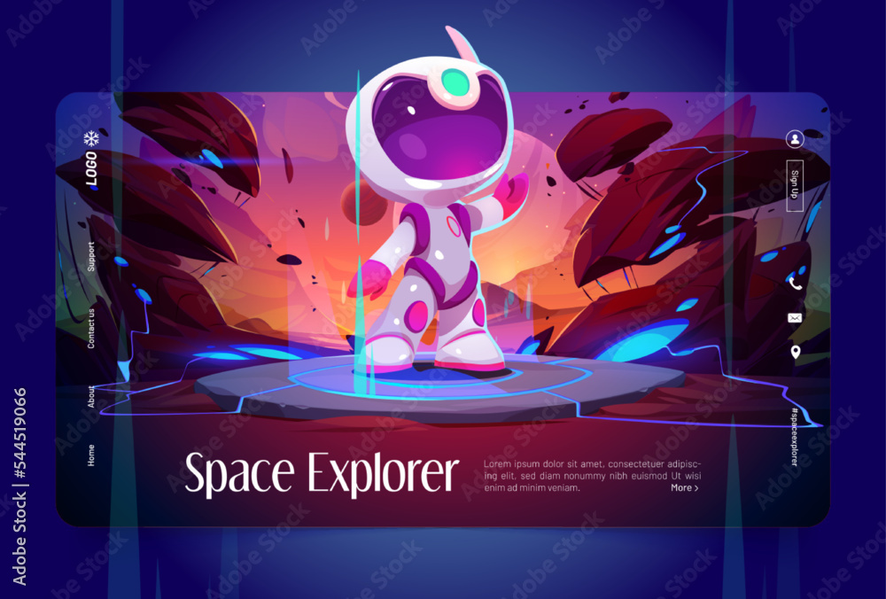 Space explorer landing page template. Cartoon vector illustration of astronaut in spacesuit standing on alien planet and waving hand. Futuristic adventure game character. Presentation website design - obrazy, fototapety, plakaty 
