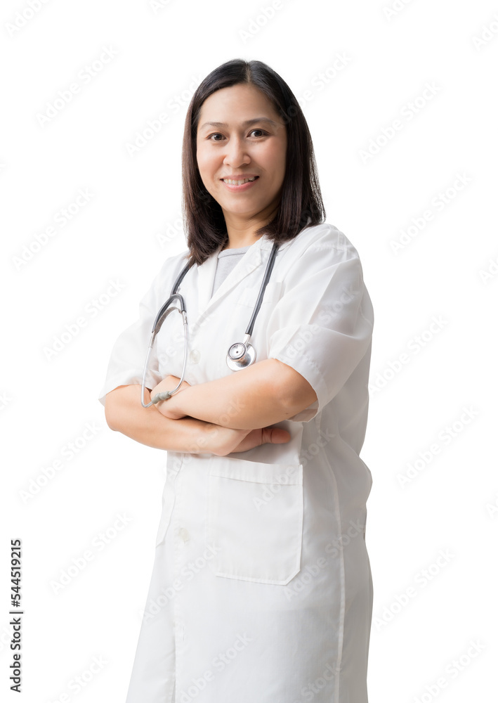 Smiling asian female doctor coat with posing arms crossed, isolated background Smiling asian female doctor coat with posing arms crossed, isolated background