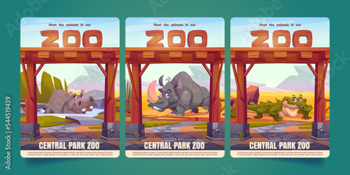Zoo posters with african animals and entrance with wooden arch. Zoological park invitation flyers with cute hippo, rhino and crocodile characters, vector cartoon illustration
