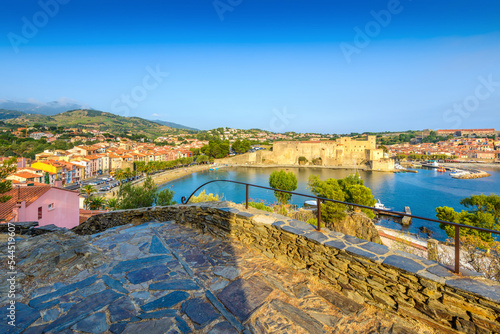 Collioure harbor and city seen from La Glorieta viewpoint in France