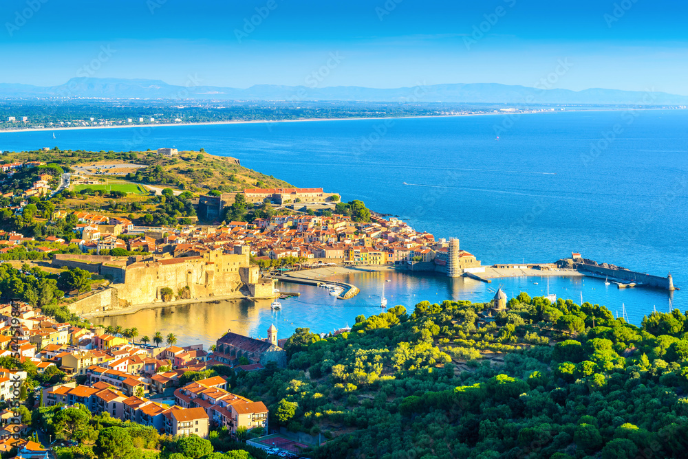 Landscape of Collioure city with harbor and sea in France
