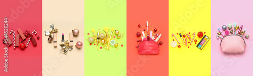 Collection of makeup cosmetics with Christmas decorations on color background