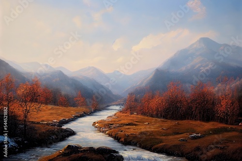 Beautiful view of the hilly valley with the river soothing winter nature. Background with copy space for text