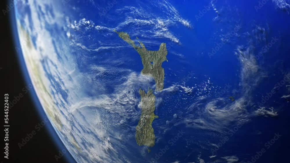 Map view of New Zealand from above the clouds from space.
