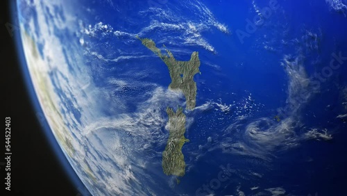 Map view of New Zealand from above the clouds from space.