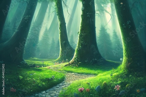 Enchanted Forest Game Background Illustration, Realistic Style Concept photo