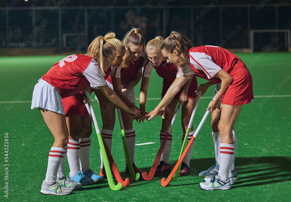 Hockey, together hands and women teamwork, support or motivation for