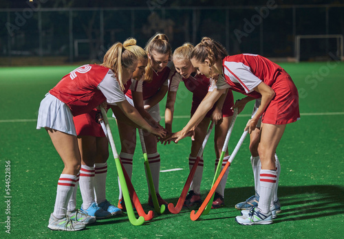 Quadro su tela Hockey, together hands and women teamwork, support or motivation for game, competition or training strategy communication