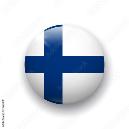 Realistic glossy button with Finland flag. 3d vector element with shadow underneath. Best for mobile apps, UI and web design.