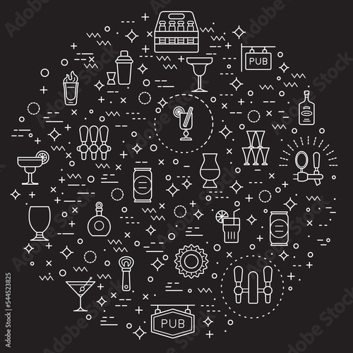 Simple Set of bar and alcohol Related Vector Line Illustration. Contains such Icons as pub, drink, cocktail, bar glass, bottle, beer, beverage, liquor and Other Elements. 