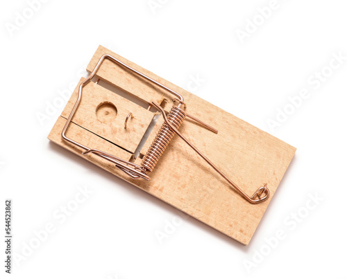 Empty wooden mousetrap on white background