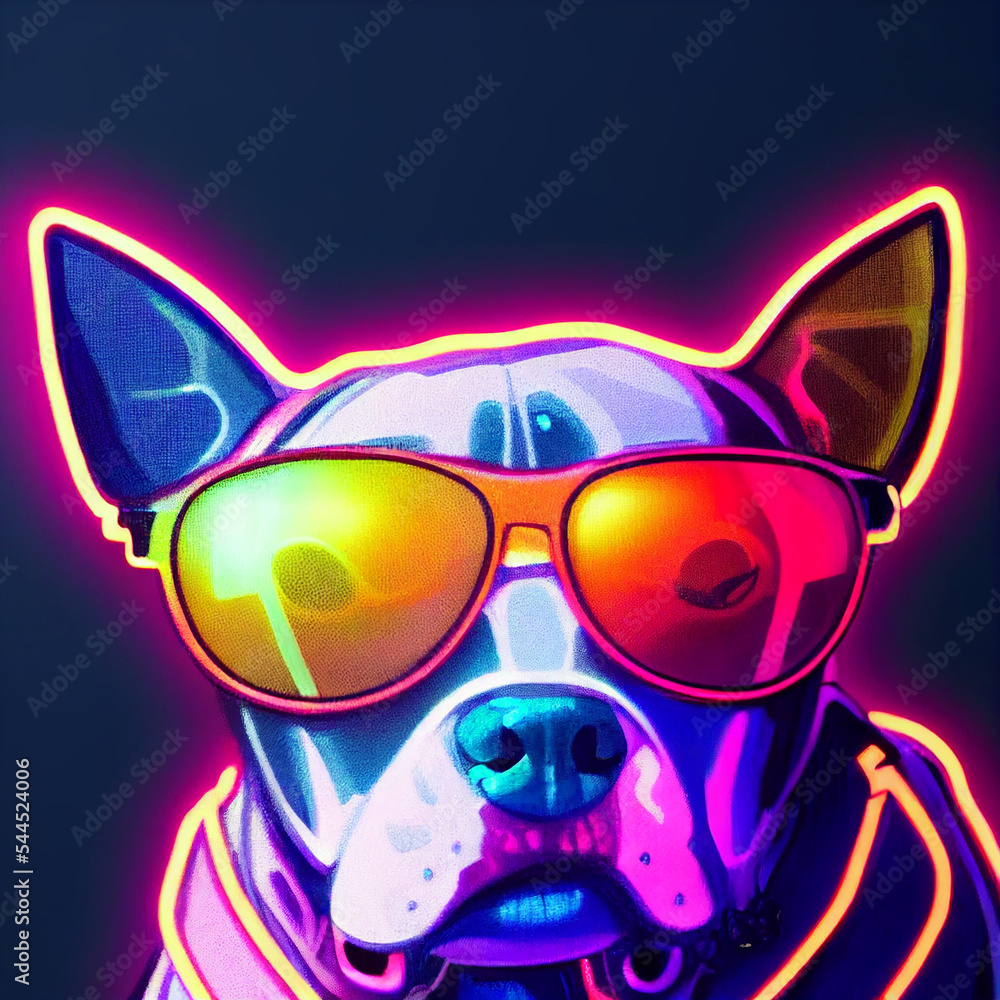 cyberpunk Pitbull dog with sunglasses, dressed in neon color clothes ...