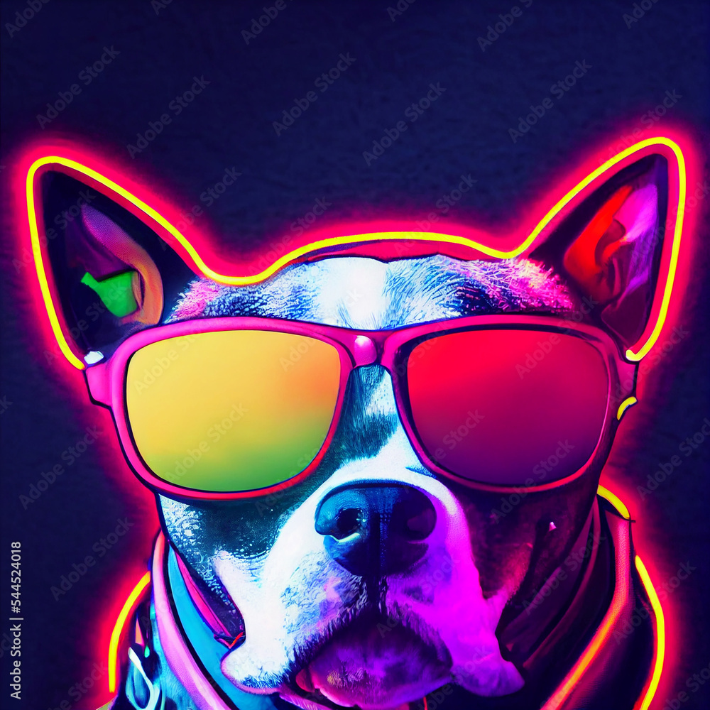 cyberpunk Pitbull dog with sunglasses, dressed in neon color clothes ...