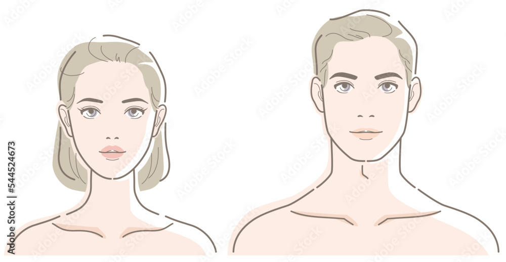 Female and male faces. Vector illustration in line drawing, isolated on white background. Female and male faces. Vector illustration in line drawing, isolated on white background.