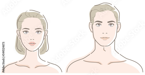 Female and male faces. Vector illustration in line drawing, isolated on white background.