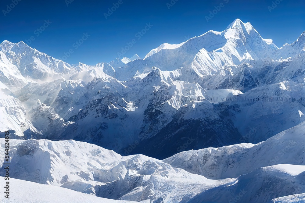 Winter landscape in Himalaya mountains, Nepal. Panoramic view of the Hidden valley, a place between French pass and Dhampus pass on Dhaulagiri circuit trek.
