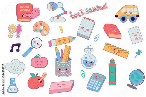 Back to school set in cartoon design. Bundle of cute faces characters at book, lamp, ruler, pencils, test tubes, calculator, magnifier, stationary and other isolated flat elements. Vector illustration