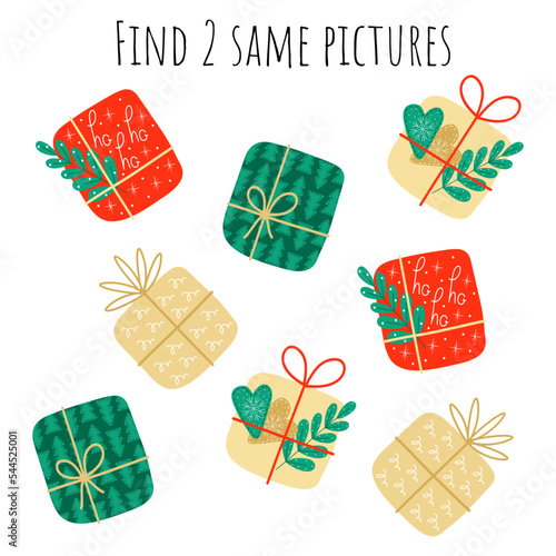 Find 2 identical pictures. Christmas. Task, puzzle for a child. Testing, IQ. Children's education. Game form of education. Printable worksheet. Preparation for school.