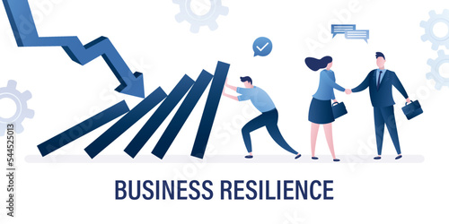 Business resilience concept, risk management. Business protection, successful negotiations, teamwork. Businessman help and support company avoiding dominoes effect in economic crisis.