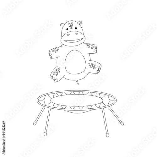coloring book cute hippo jumping on a trampoline vector illustration