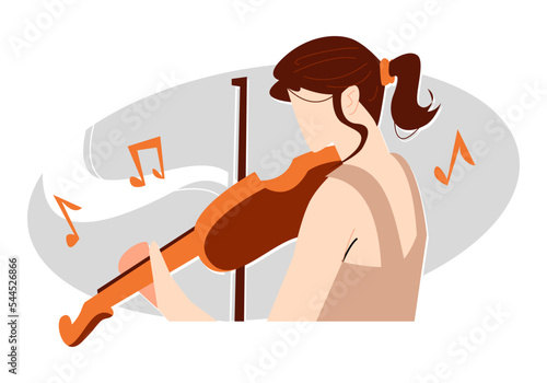 woman playing the violin sweetly. with the song note icon. suitable for theme music, orchestra, art, musical instruments, etc. flat vector illustration