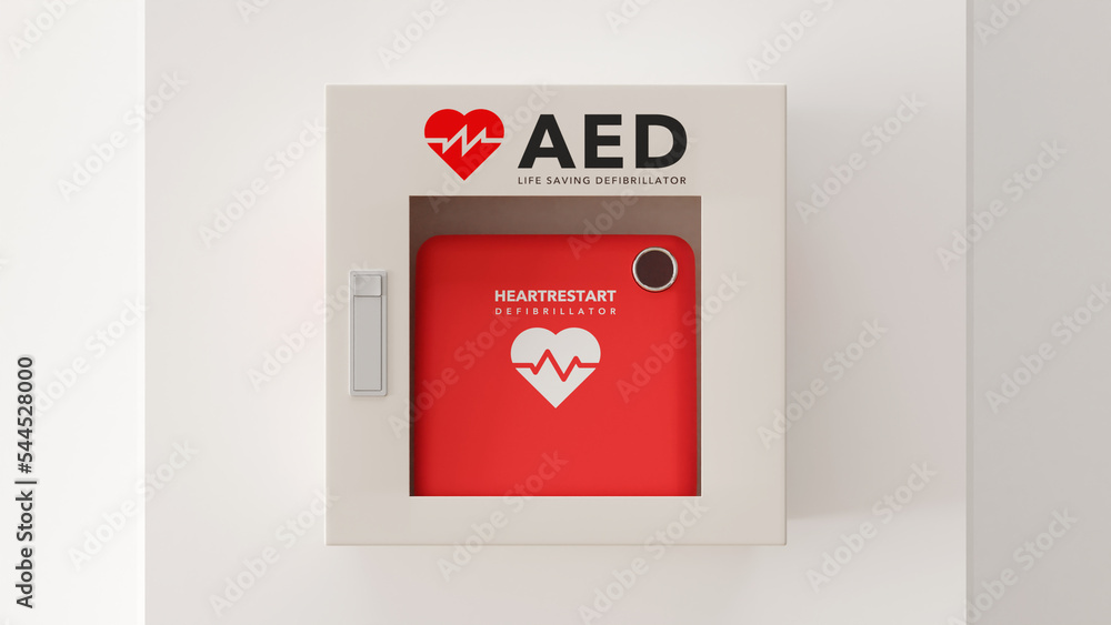 白い壁に取り付けられたAED(救命除細動器)のフォトリアルな3Dレンダリングイラスト 白い壁に取り付けられたAED(救命除細動器)のフォトリアルな3Dレンダリングイラスト