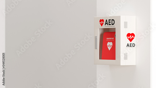 白い壁に取り付けられたAED（救命除細動器）のフォトリアルな3Dレンダリングイラスト