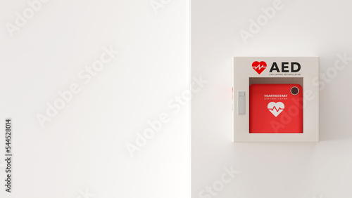 Plakat 白い壁に取り付けられたAED（救命除細動器）のフォトリアルな3Dレンダリングイラスト