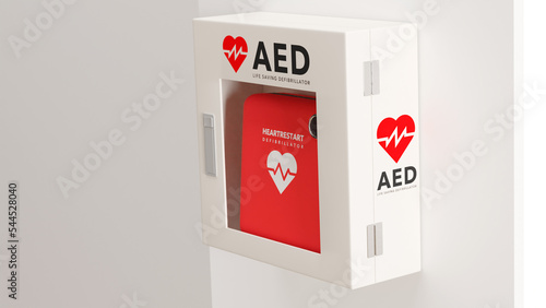 白い壁に取り付けられたAED（救命除細動器）のフォトリアルな3Dレンダリングイラスト