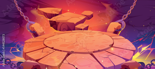 Battle arena in hell with lava, round rock platform hanging on chains in mysterious landscape with magma and red glow. Game background, fighting place for combat, Cartoon vector illustration