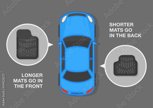 Top view of a blue sedan car and close-up floor carpet icons. Front and back car mats. Flat vector illustration template.