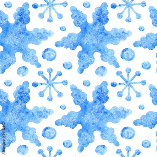 Seamless pattern. Snowflakes painted in watercolor. Blue snowflakes on a white background. For packaging, fabric, scrapbooking, websites, etc.