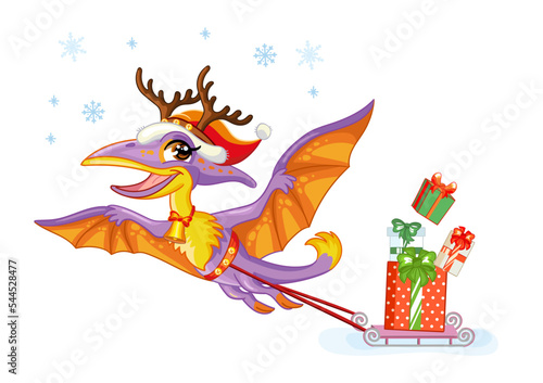 Christmas cute dinosaur pterodactyl with gifts vector illustration