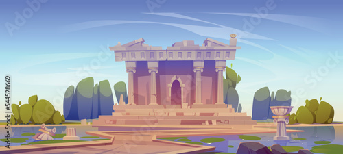 Ruined temple, abandoned architecture building with broken columns and destroyed construction at water pond. Medieval Roma or Greece ruins, famous historical landmark, Cartoon vector illustration