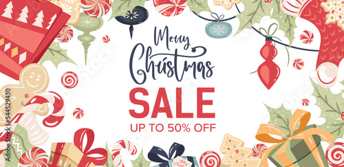 Christmas sale vector, promotional banner with presents and stars decor. Winter holidays discounts and sellout in stores and shops. Proposals at market for clients