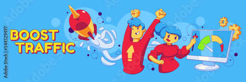 Boost traffic poster. Seo analysis, search optimization marketing for traffic growth with working people, speed metrics on computer screen and flying rocket, vector illustration in contemporary style