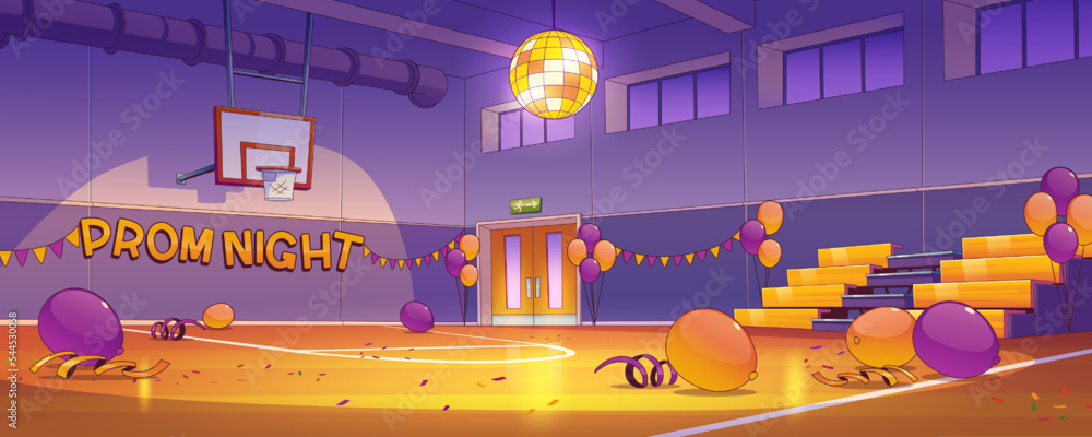 School gymnasium hall after prom night celebration. Empty dark college ...