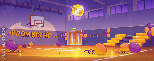 School gymnasium hall after prom night celebration. Empty dark college sport court interior with balloons, garlands, scatter confetti and on floor and stroboscope. Cartoon vector illustration