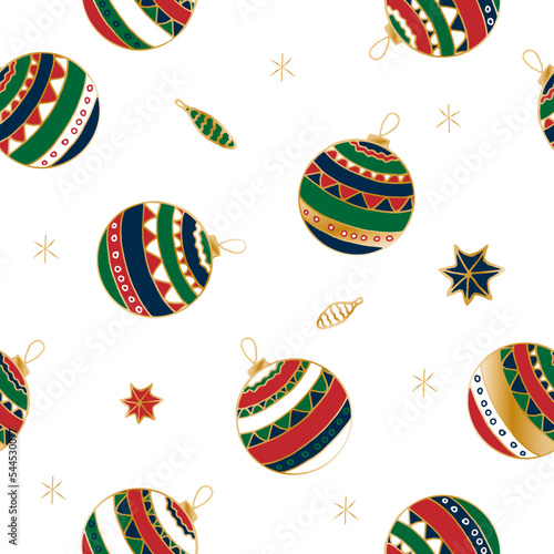 Multicolor vector seamless pattern with christmas bauble on white background. Doodle style for decoration, wrapping, greeting card.