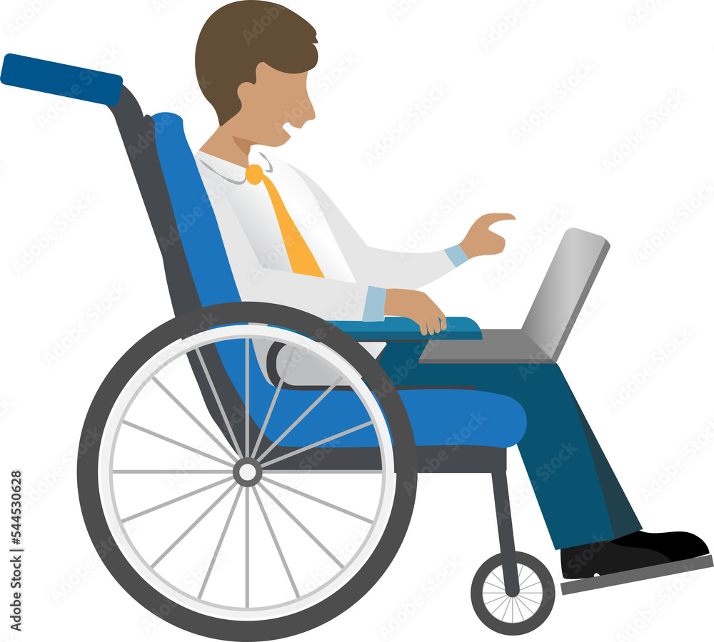 Man on wheelchair working on laptop. Diversity office, equal employment opportunity, handicapped and disability person concept. Man on wheelchair working on laptop. Diversity office, equal employment opportunity, handicapped and disability person concept.