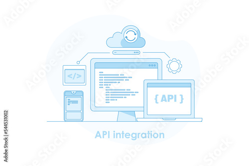 API integration - Application automating business process, running enterprise cloud computing system exchanging data concept.