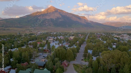 Aerial landscape of Crested Butte with the mountain on the horizon on a beautiful summer evening. photo