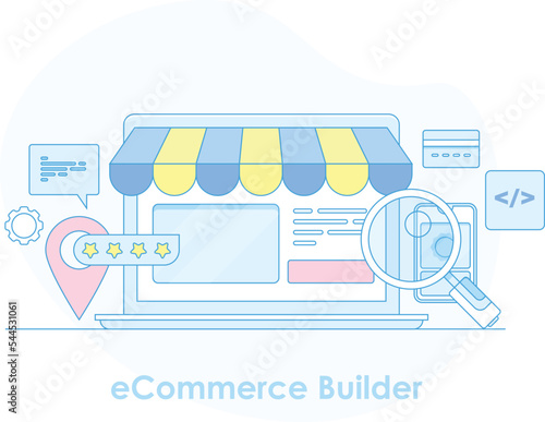 Online ecommerce website builder software application on laptop screen, outline illustration.