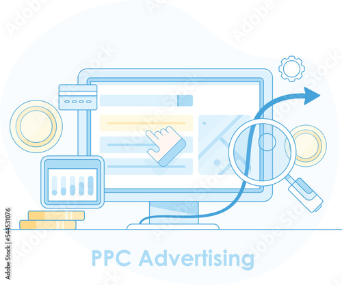 PPC advertising hand clicking on search engine ad, increases conversion flat outline illustration.