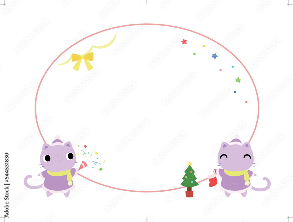 クリスマスの円形フレーム（装飾付）　ネコ