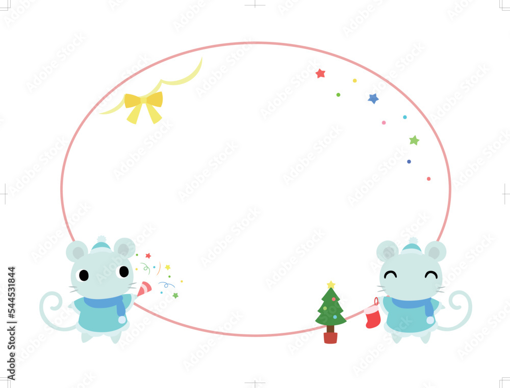 クリスマスの円形フレーム（装飾付）　ネズミ