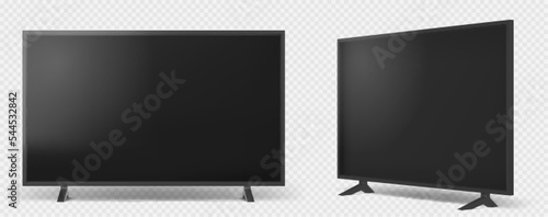 Realistic tv set isolated on transparent background. Flat television with black screen. Modern stylish lcd panel, Large blank display mockup. Graphic design element for catalog, Vector illustration